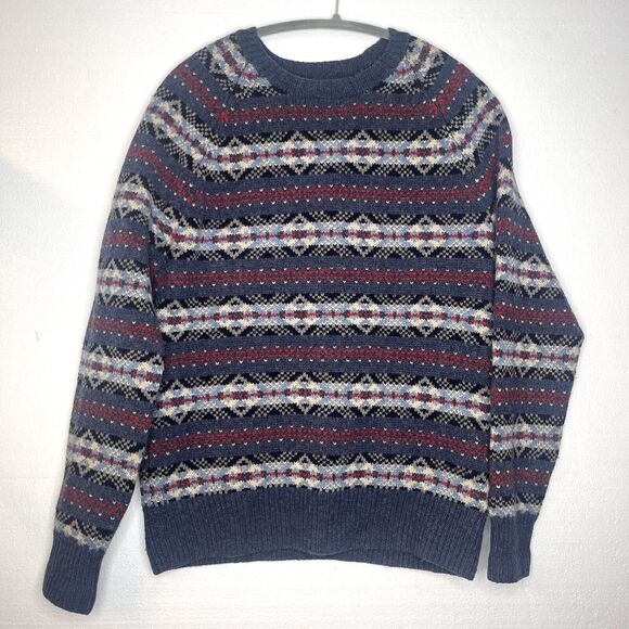 J Crew Blue Red Fair Isle Nordic Knit 100% Lambswool Crewneck Sweater size small - Picture 1 of 6